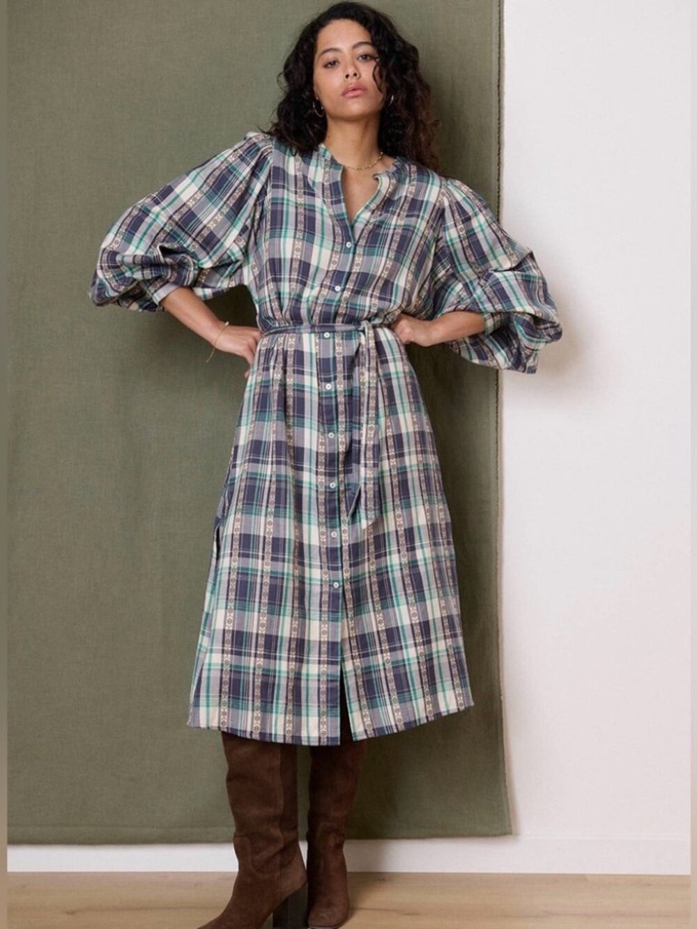 Garance Button-down Blue/Green Plaid Midi Dress, Cotton